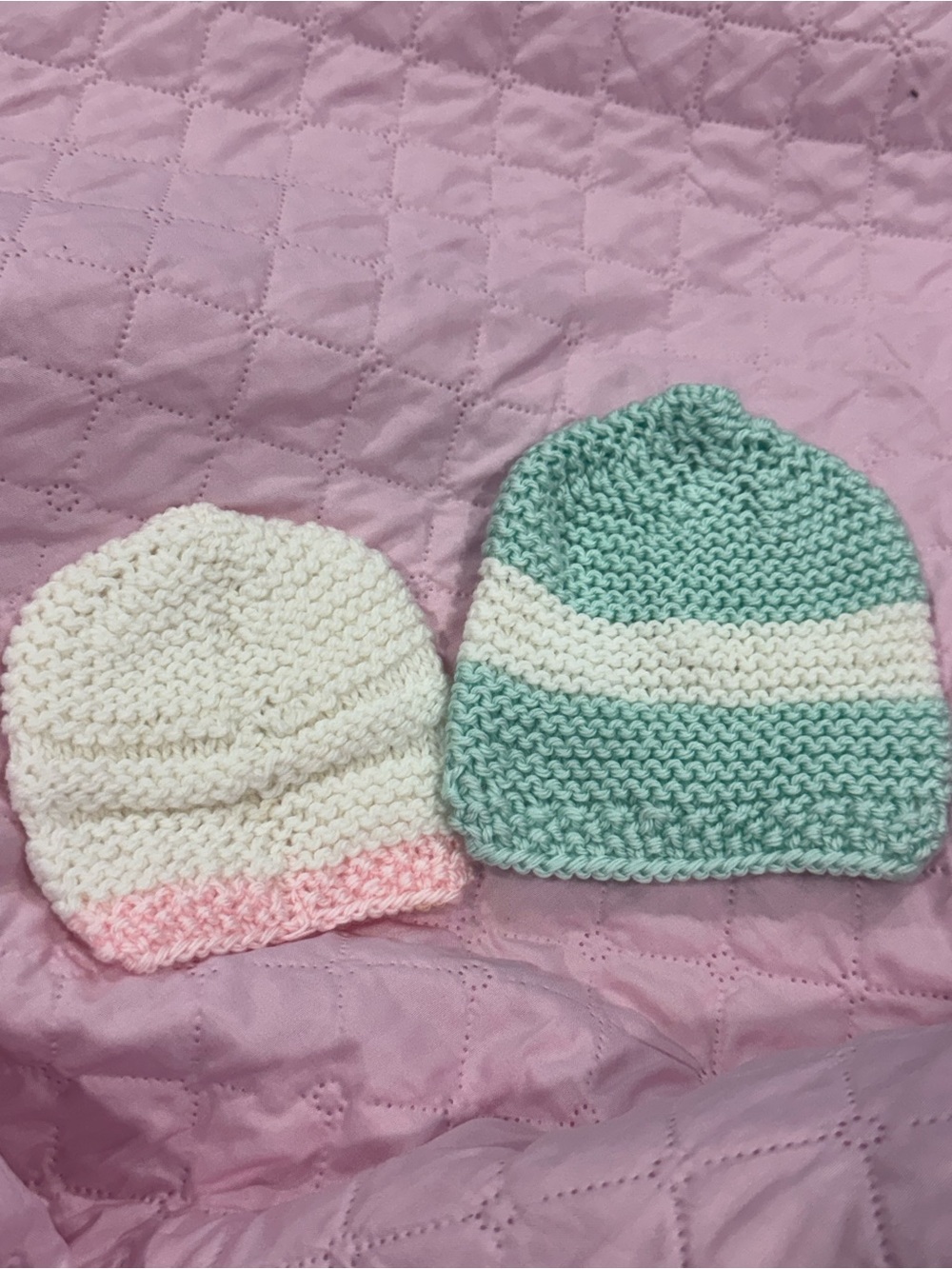 Hand-Knit Baby Beanie Set - White & Pink, White & Mint